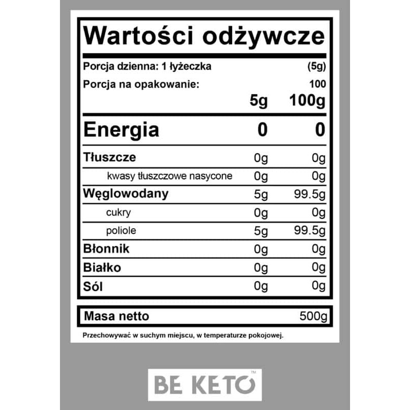 Erytrytol BeKeto - No1 Bio Organic Zaminnik cukru, zero kalorii - 500 g