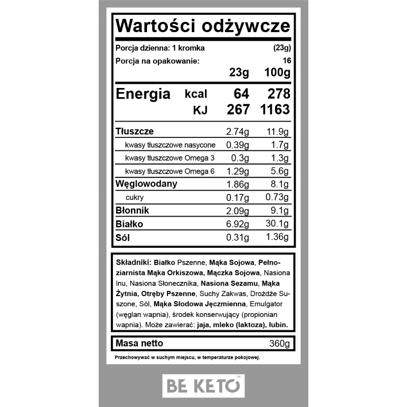 Keto Chleb wieloziarnisty BeKeto - Wysokobiałkowe pieczywo z kwasami Omega - 360 g
