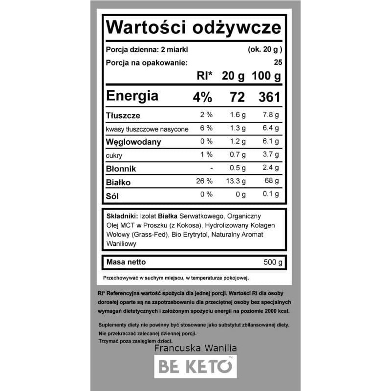 Keto Shake Wzbogacony Olejem MCT oraz Izolatem Białka BeKeto - Różne Smaki 500 g