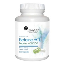 Betaina HCL+ Pepsyna 650/150 mg Aliness - Wsparcie układu pokarmowego - 100 kapsułek