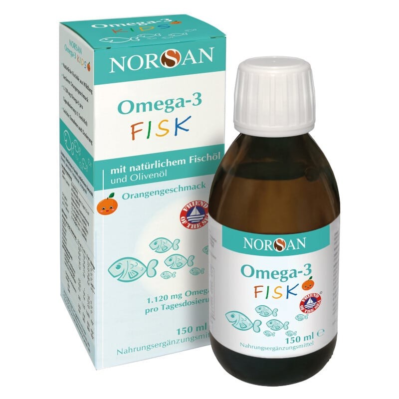 Norsan Omega 3 FISK - Z naturalnym olejem rybnym oraz Witaminą E i D dla dzieci - 150 ml o smaku pomarańczowym