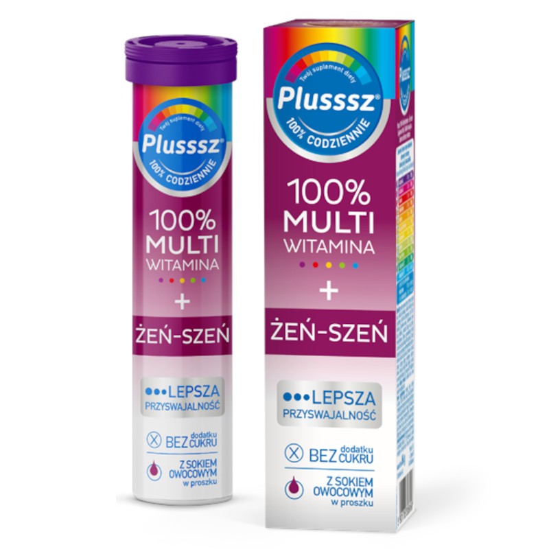 Plusssz 100% MULTIWITAMINA + ŻEŃ-SZEŃ Polski Lek - 20 tabletek musujących o smaku owoce leśne