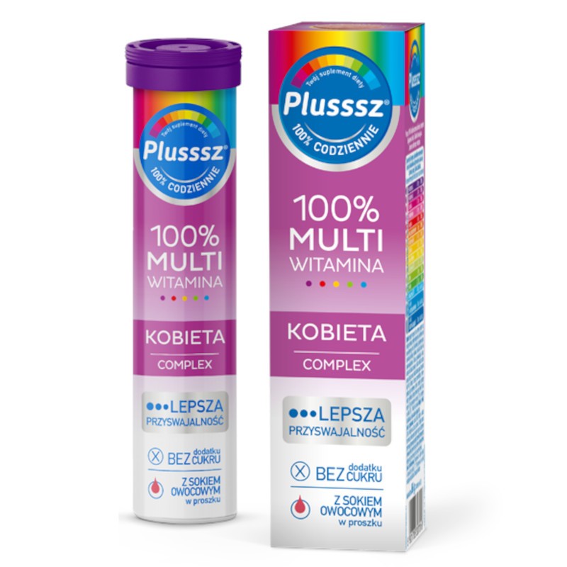Plusssz 100% MULTIWITAMINA KOBIETA Complex  Polski Lek - 20 tabletek musujących o smaku malina - pomarańcza