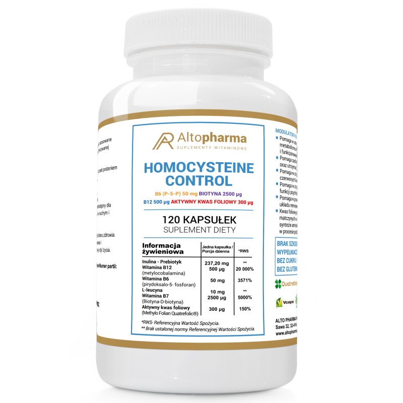 Homocysteine Control Modulator Forte B12 B6 B7 P-5-P B9 + L-leucyna + Probiotyk Alto Pharma - 120 kapsułek