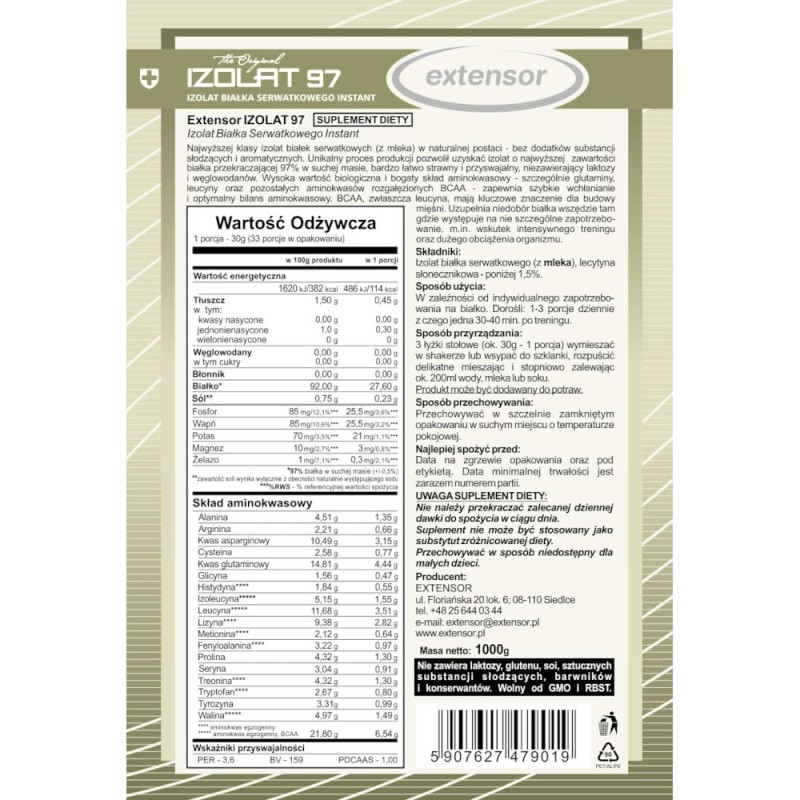 Extensor IZOLAT 97 - Izolat białka serwatkowego Instant - Wspomaga budowanie mięśni - 1000 g