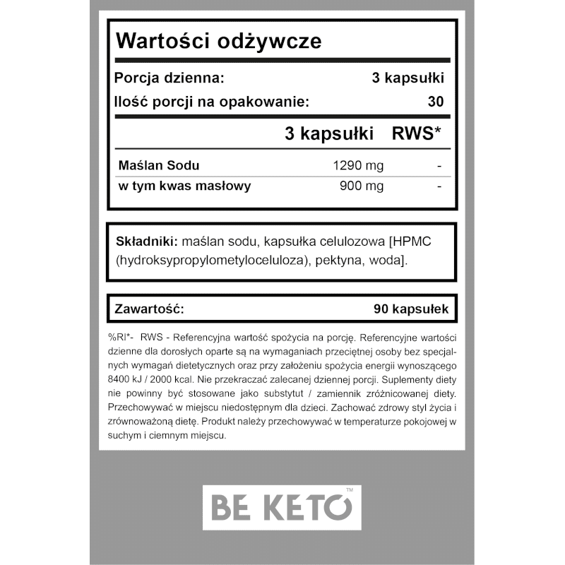 Maślan Sodu BeKeto - Sodium Butyrate - Wsparcie układu pokarmowego - 90 kapsułek
