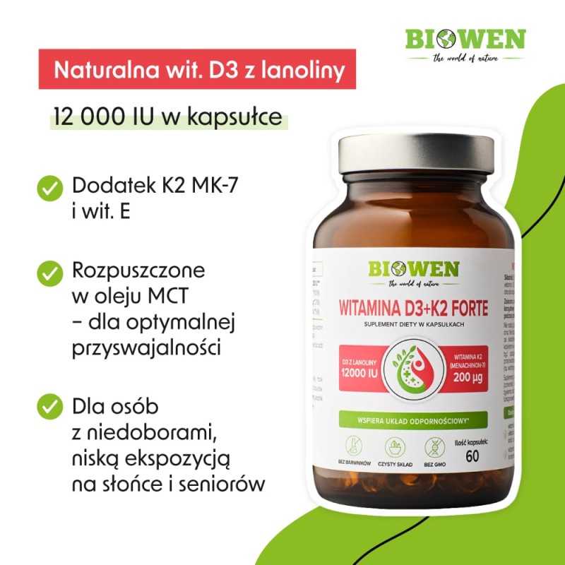 Witamina D3+K2 Forte 12 000 IU Biowen – Wsparcie odporności – 60 kapsułek