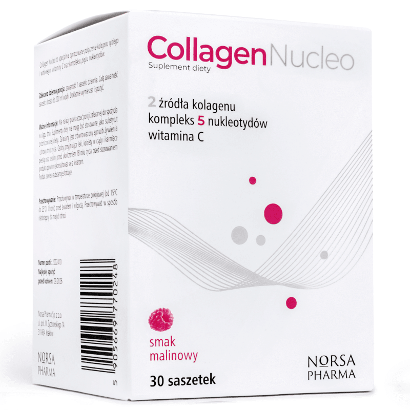 Collagen Nucleo malina Norsa Pharma - Połączenie kolagenu rybiego i wołowego, witaminy C oraz pięciu nukleotydów - 30 sasz.