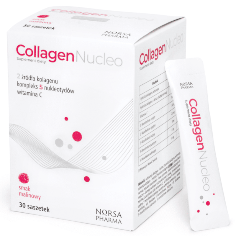 Collagen Nucleo malina Norsa Pharma - Połączenie kolagenu rybiego i wołowego, witaminy C oraz pięciu nukleotydów - 30 sasz.
