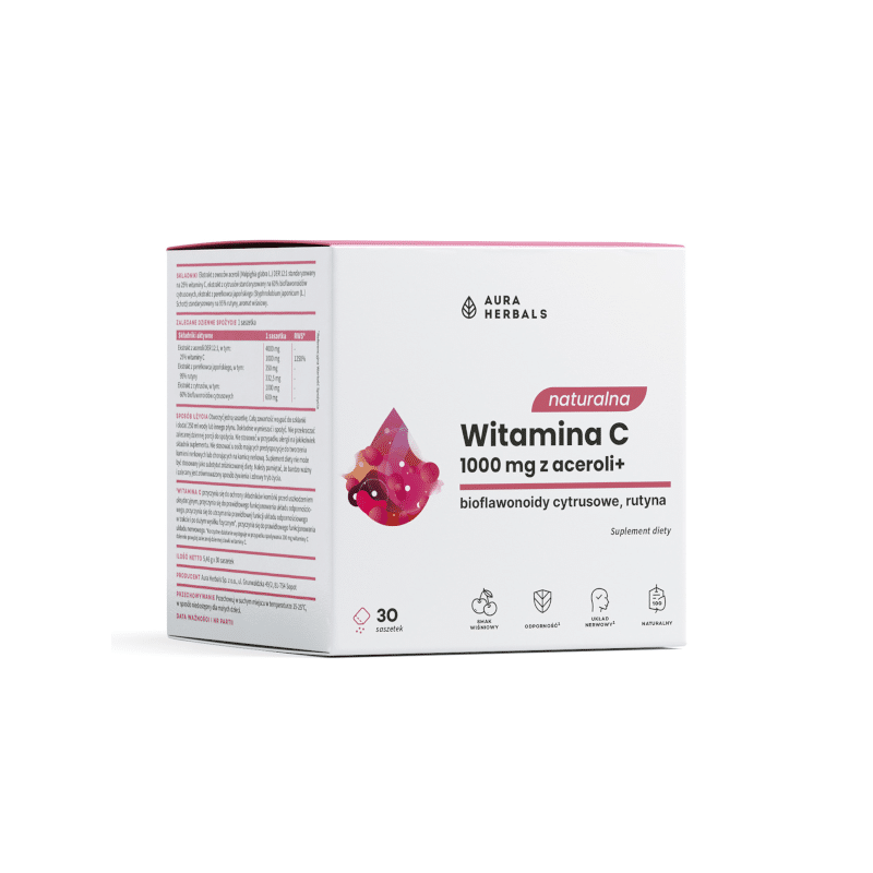 Aura Herbals Witamina C 1000 mg - Wspiera układ odpornościowy i nerwowy - 30 saszetek