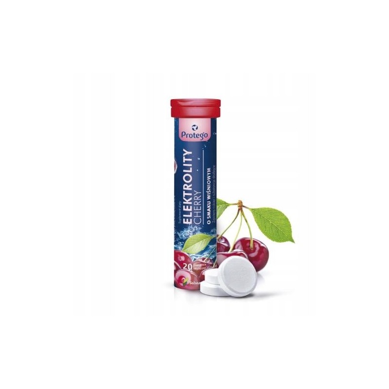 Elektrolity w tabletkach musujących Salvum Protego Cherry smak wiśniowy - Wsparcie nawodnienia organizmu - 20 tabletek