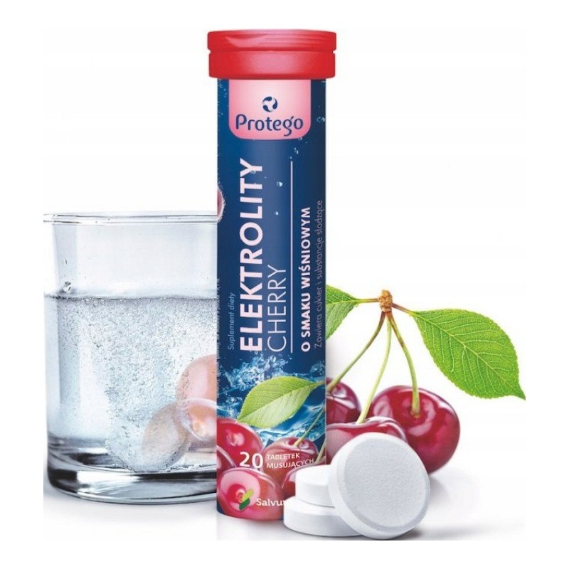 Elektrolity w tabletkach musujących Salvum Protego Cherry smak wiśniowy - Wsparcie nawodnienia organizmu - 20 tabletek