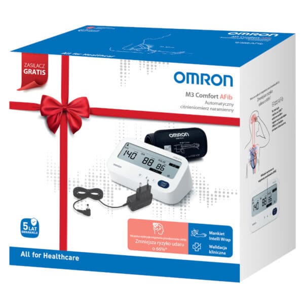 Ciśnieniomierz Omron M3 Comfort AFib + zasilacz - Zestaw prezentowy