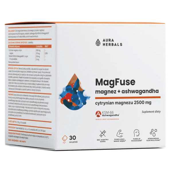 MagFuse magnez z ashwagandhą Aura Herbals- Wsparcie dla ciała i umysłu - 30 saszetek
