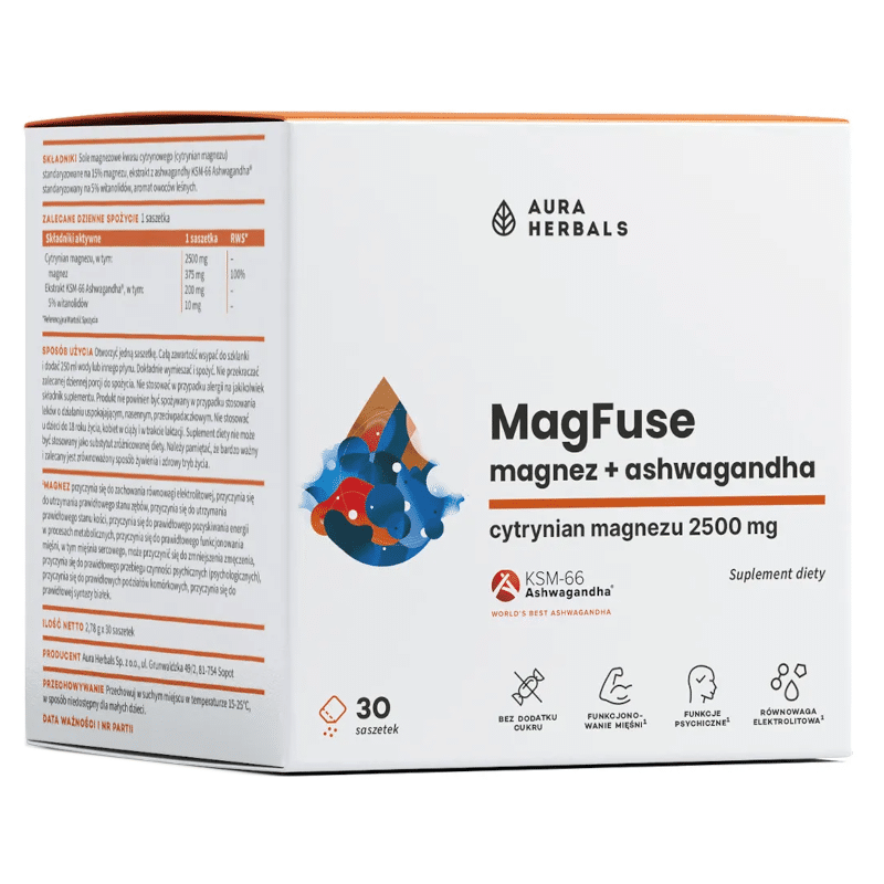 MagFuse magnez z ashwagandhą Aura Herbals- Wsparcie dla ciała i umysłu - 30 saszetek